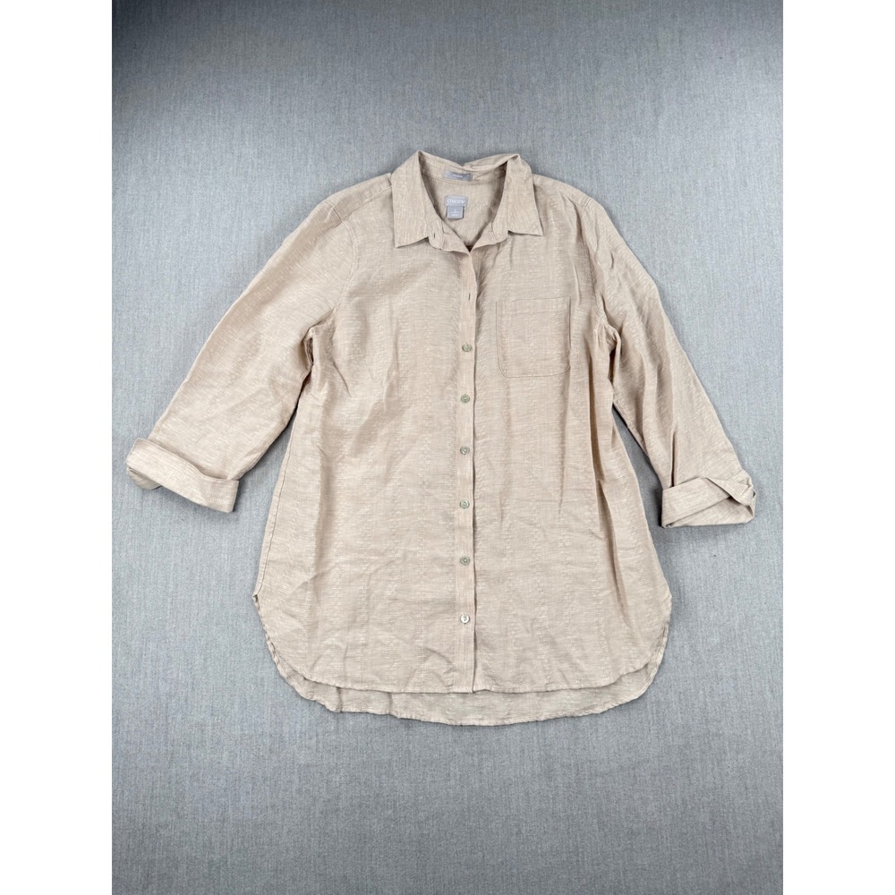 Chicos No Iron 100% Linen Button Down Shirt Tan Beige Dobby‎ Size 2 US  12